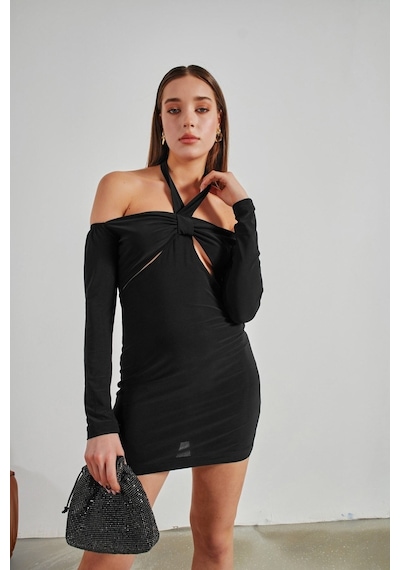 Rabia Çelik Kemerli Cut Out Siyah Elbise Siyah Siyah
