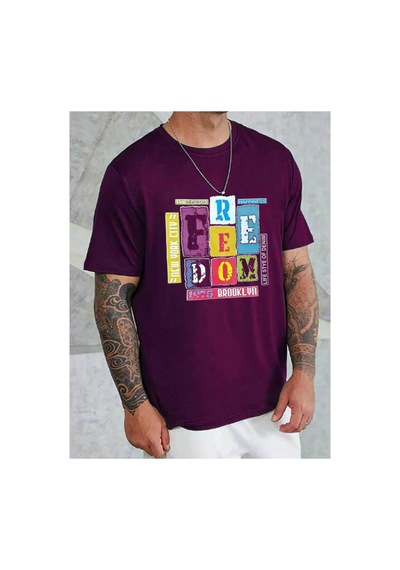 Medinenur Feedom Baskılı Unisex Bisiklet Yaka Tshirt Mor