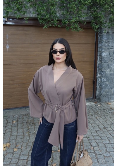 Kechi Woman Krep Kumaş Kruvaze Kemerli Kimono Bluz Vizon