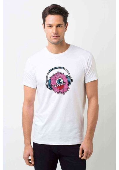 Pinl Sevimli Can Blue Kulaklık Baskılı Beyaz Erkek Tshirt