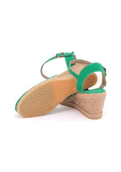Star Tombis Gerçek Elişi Topuğu Açık Bilekten Bantlı Dolgu Topuk Keten Hasır Espadril Handmade Yeşil