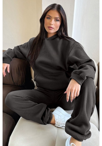 Basic Düz Eşofman Takımı Sweatshirt Jogger - Antrasit Oversize Şardonlu Kapüşonlu Gri