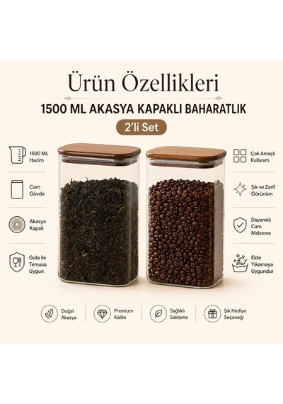 Tr 2'li 1500 Ml Akasya Kapaklı Cam Saklama Kavanozu Seti, Silikon Contalı Dikdörtgen Erzak Ve Baharat Kabı, Bakliyat Genel