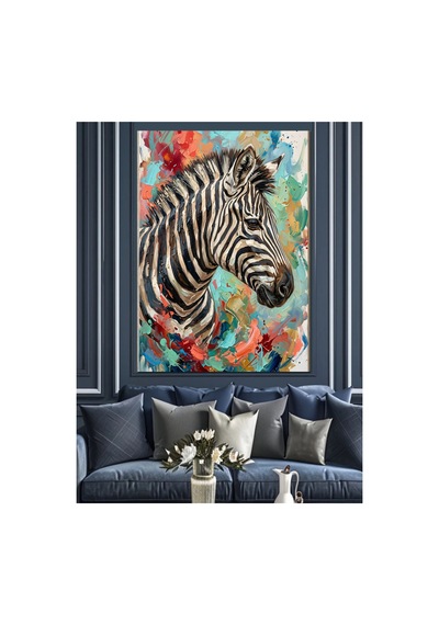 Renkli Fırça Darbeli Zebra Portresi Yağlı Boya Dokulu Kanvas Tablo Canvas Tablosu