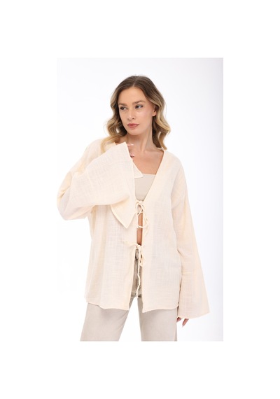 Blayn Jeans Blayn Kadın Keten Kimono Oversize Rahat Kalıp Yazlık Uzun Kollu Kimono Taş