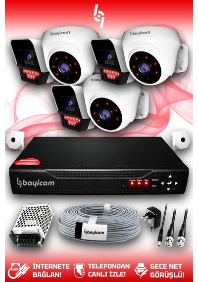 Bayicam 6 Kameralı Süper 3 İç Kamera Set HDD'siz 5 MP 2K Net Gece Görüşlü Güvenlik Kamerası Sistemi