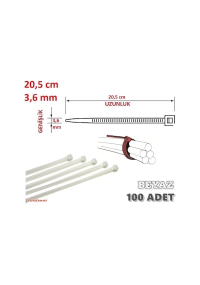 100 Adet 20Cm X 3.6Mm Plastik Cırt Kelepçe Kablo Bağı Beyaz