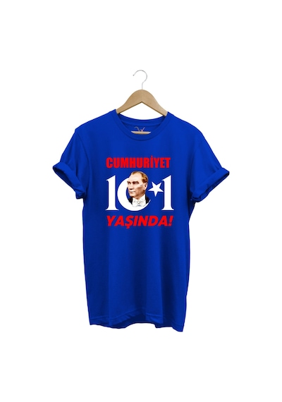 29 Ekim Cumhuriyet Bayramı Atatürk Ay Yıldız Baskılı Cumhuriyet 101 Yaşında Türkiye Mavi T-shirt Saks Mavi