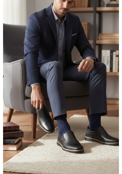 Enoch Hakiki Deri Siyah Bağcıksız Yanları Lastikli Erkek Günlük Ayakkabı Siyah