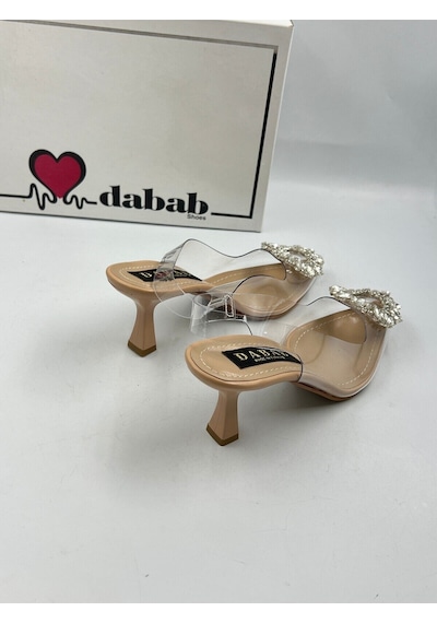 Dabab Shoes Sawko Kadın Şeffaf Güneş Taş Detaylı Arkası Açık 7 Cm Abiye Stiletto Topuklu Ayakkabı Bej