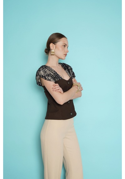Verymoda Omuz Dantel Detaylı Kayık Yaka Bluz D2994 Kahve