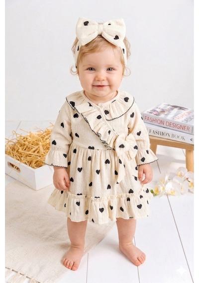 Babymod Kalp Desenli 100% Pamuk Bandanalı Kız Bebek Elbise Siyah