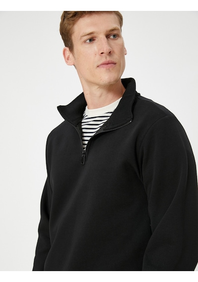 Koton Yarım Fermuarlı Sweatshirt Dik Yaka Uzun Kollu Şardonlu Siyah 4wam70024mk Siyah