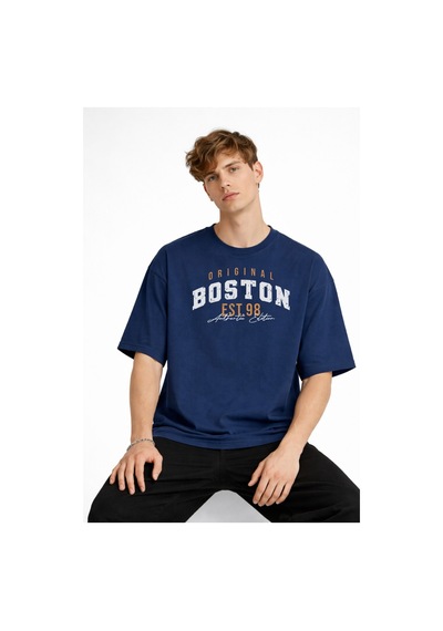 Misa Tahtakale Boston - Baskılı Oversize Tişört Lacıvert Çok Renkli