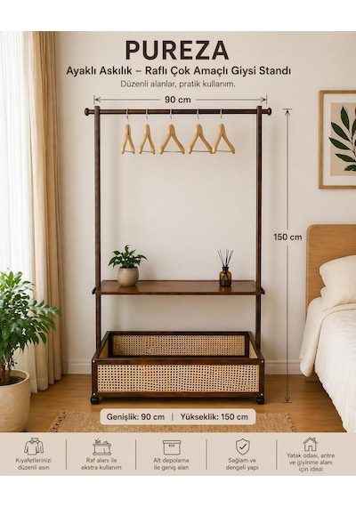 Pureza Ayaklı Askılık Raflı Çok Amaçlı Giysi Standı 90x150 Cm Çok Renkli