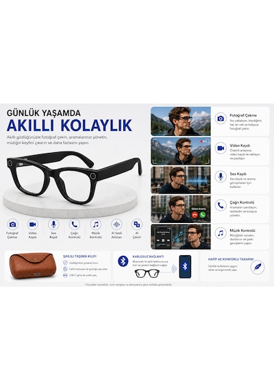 Aı Akıllı Gözlük Kameralı Bluetooth Gözlük Fotoğraf Video Çekimi, Sesli Asistan, Çeviri, Arama Ve Müzik Kontrollü