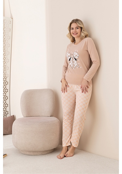 Rindahomewear Kadın Fiyonk Baskılı Süprem Uzun Kol Pijama Takımı Bej