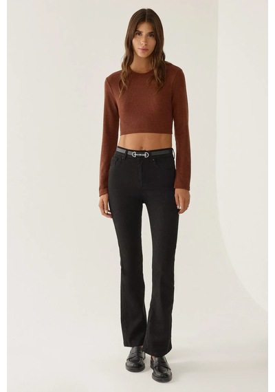 Hiccup Slim Fit Örme Crop Bluz Kestane Kahvesi