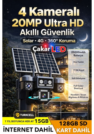 4 Kamera 20mp Ultrahd Güneş Enerjili Sim Kartlı Güvenlik Kamerası 15gb İnternet 128gb Sd Kart