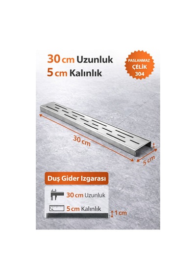 30 Cm Lineer Duş Gider Izgarası 304 Paslanmaz Çelik 5 Cm Genişlik Üst Kanal Izgarası