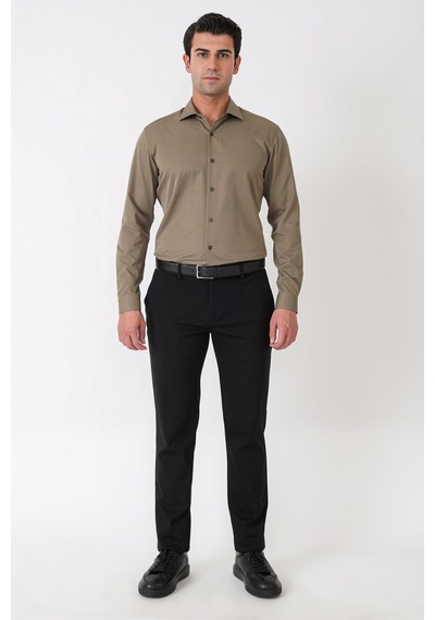 Slim Fit Pamuk Saten Klasik Haki Gömlek Gk 604
