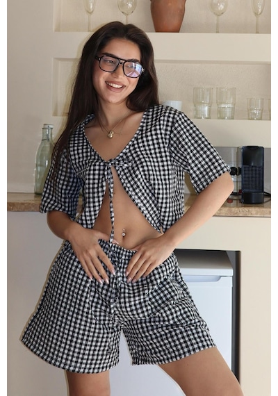 Madmext Siyah Pötikareli Şort Bluz Takım Mg2373