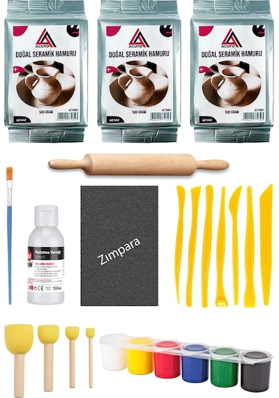 Seramik Hamuru 1,5 Kg Ebeşuar Seti 6x15 Ml Akrilik Set 100 Ml Vernik Ahşap Merdane Zımpara Doğal Kil Çok Renkli