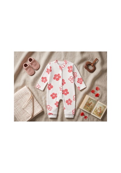 Deniva Kids Kız Bebek Çiçek Desenli Fitilli Kaşkorse Pamuklu Uzun Kollu Tulum Beyaz
