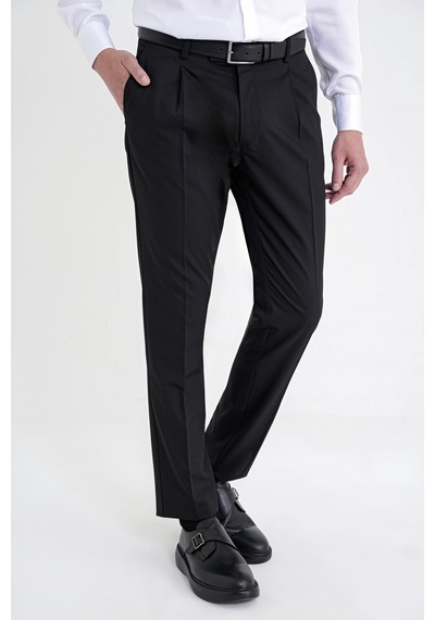 Comfort Fit Yan Cep Esnek Pamuklu Gabardin Tek Pileli Siyah Pantolon P 1211