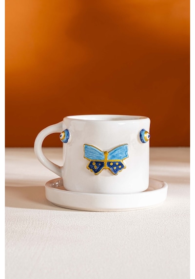 Rivaistanbul Kelebek Amore El Yapımı Seramik Double Kahve Fincanı Mug Kupa Krem
