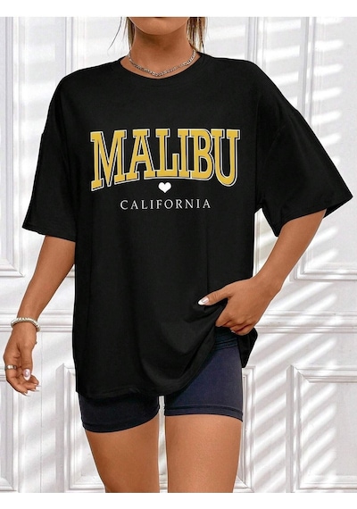 Malibu Kalp T-shirt - Siyah Baskılı Oversize Bisiklet Yaka Kısa Kol SIYAH