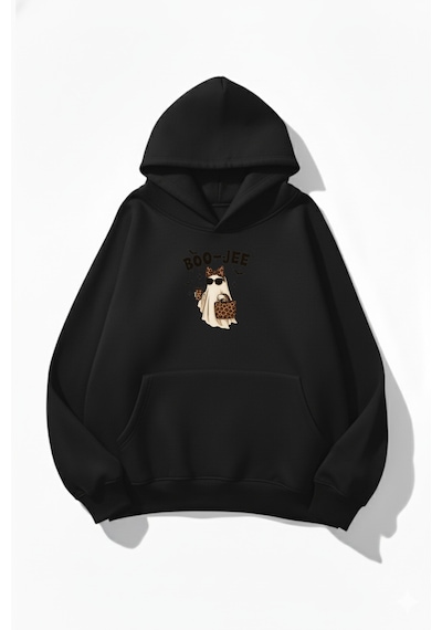 Uyguntarz Unisex Yumuşak Dokulu Boo-jee Ghost Baskılı Tasarım Oversize 3 İplik Hoodie Sweatshirt siyah
