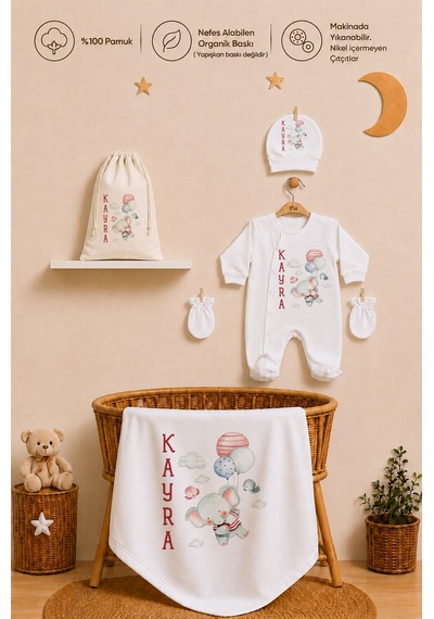 Pia Baby İsme Özel Hastane Çıkışı %100 Pamuk Erkek Bebek Organik Baskılı Tulum Set Keseli Hediyelik 2065tybkyx Krem