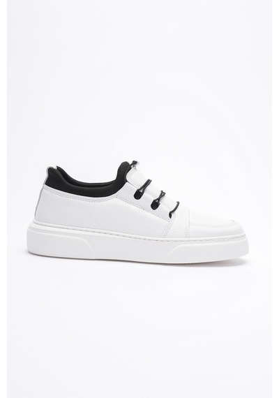 Erkek Hakiki Deri Lastik Detaylı Streçli Sneaker Beyaz Enzo Beyaz