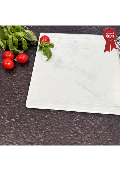 Kanallı Cam Kesme Tahtası - Ornament Beyaz - Kenarı Oval- 25x35cm