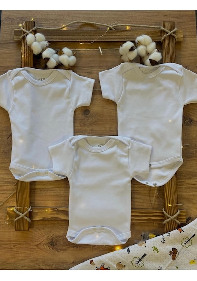 Betül Bebek Kısa Kollu 3'lü %100 Organik Pamuk Çıtçıtlı Bebek Body & Zıbın 3 Adet Beyaz