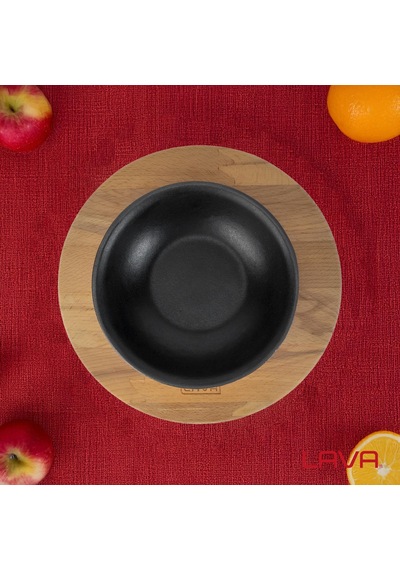 Lava Döküm Yuvarlak Çorba Kasesi Ve Kayın Servis Ahşabı. Çap Ø 14cm. Bordo