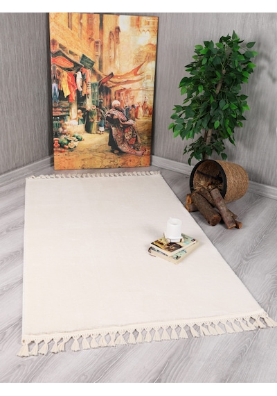 My Evilla Modern Dekoratif Örgü Saçaklı Simirna Peluş Halı Yolluk Krem