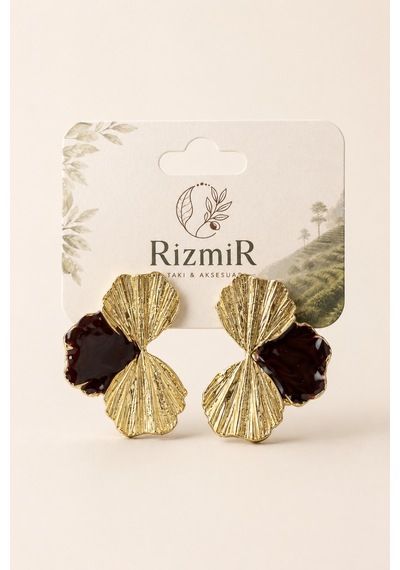 Kadın Bordo Detaylı Gold Yelpaze Form Küpe Altın