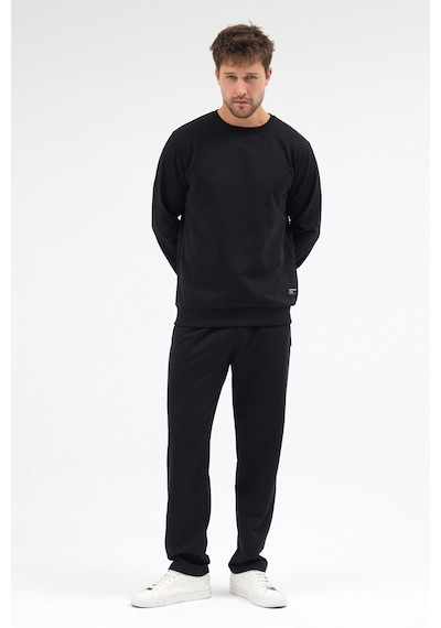 Mmetalic Siyah Relaxed Fit Bisiklet Yaka Sweatshirt Düz Paça Erkek Eşofman Takımı Mtlce3847