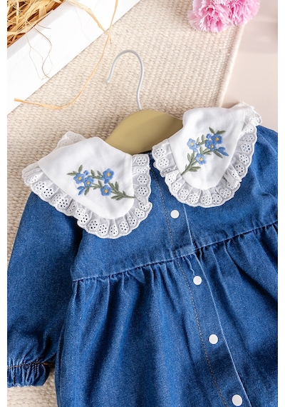 Baby Mod Fistolu Bebe Yaka %100 Pamuk Denim Kız Bebek Kot Tulum Mavi