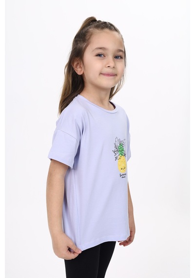 Toontoy Kız Çocuk Baskılı Bisiklet Yaka Kısa Kollu Tişört Mavi