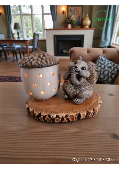 Rustik Sincap Figürlü Meşe Palamudu Mumluk Tealight Led Mum Hediyeli 17 14 13 Cm 17 14 13 Cm