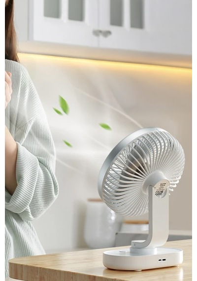 Thentech Ultra Sessiz Kademeli Otomatik Dönen Soğutucu Fan Masaüstü Şarjlı Vantilatör Sessiz Güçlü Beyaz