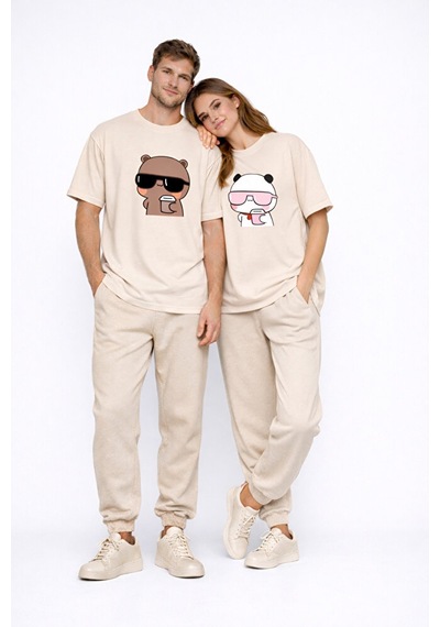 Sevgili Kombini Panda Bardak Baskılı Çift Tişört Oversize Unisex Bej