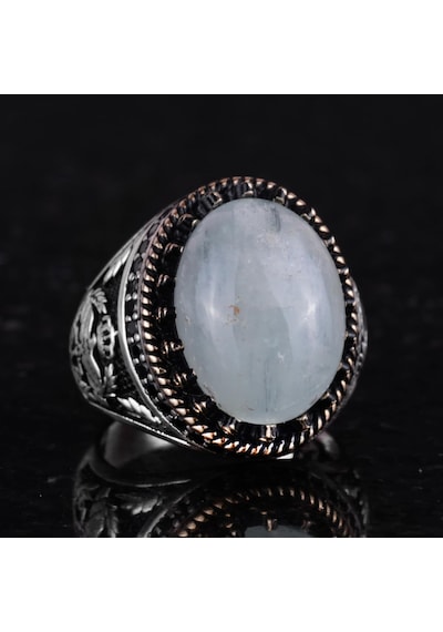 Gerçek Doğal Taş Yüzük - El Yapımı Şahin Yüzük - 925 Ayar Gümüş Yüzük Aquamarine Gümüş