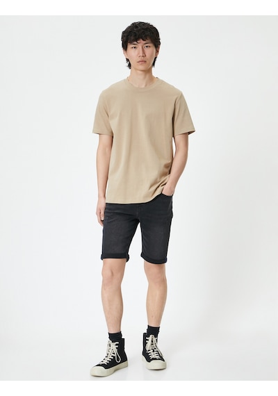 Koton Yırtık Kot Şort Bermuda Slim Fit Katlı Paça Düğmeli Siyah 4sam40314nd Siyah