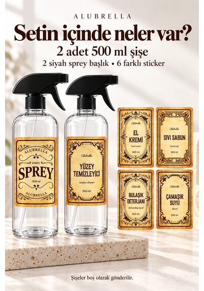 Alubrella 2 Li 500 Ml Şeffaf Boş Sprey Şişe Seti Ve 6 Lı Genel Amaçlı Etiket Amber