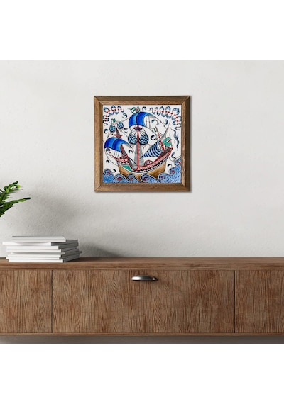 Pinecone Çini Sanatı Yelkenli Gemi Taş Duvar Tablosu - Ahşap Çerçeveli Taş Tablo - 25x25 Cm - Dekoratif Duvar Sanatı - Modern Ev Ve Ofis Duvar Dekoru W1-183