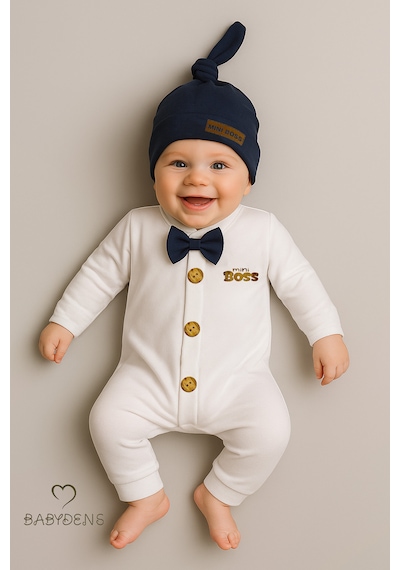 Babyden's Mini Boss Erkek Bebek Papyonlu Şapkalı Tulum Seti %100 Pamuk Hastane Çıkışı Lacivert